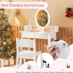 2 in 1 Kinder Schminktisch mit Hocker Frisiertisch mit Beleuchtung Rosa/Weiß