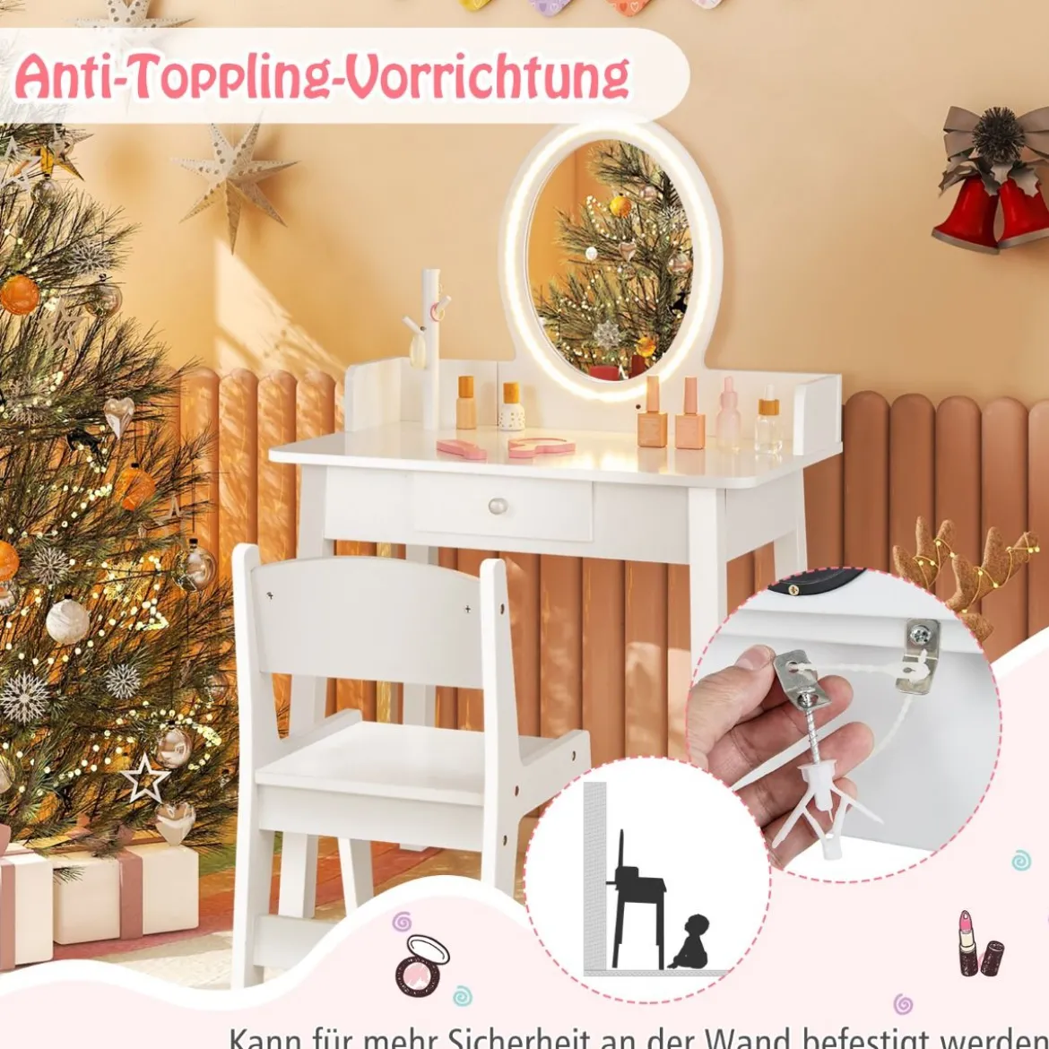 2 in 1 Kinder Schminktisch mit Hocker Frisiertisch mit Beleuchtung Rosa/Weiß