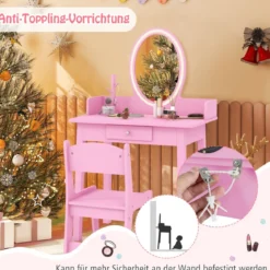 2 in 1 Kinder Schminktisch mit Hocker Frisiertisch mit Beleuchtung Rosa/Weiß