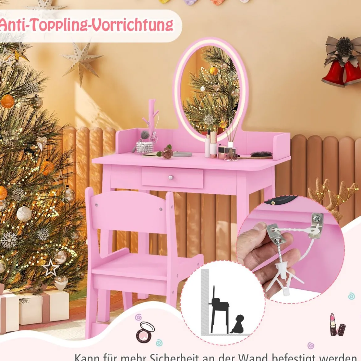 2 in 1 Kinder Schminktisch mit Hocker Frisiertisch mit Beleuchtung Rosa/Weiß