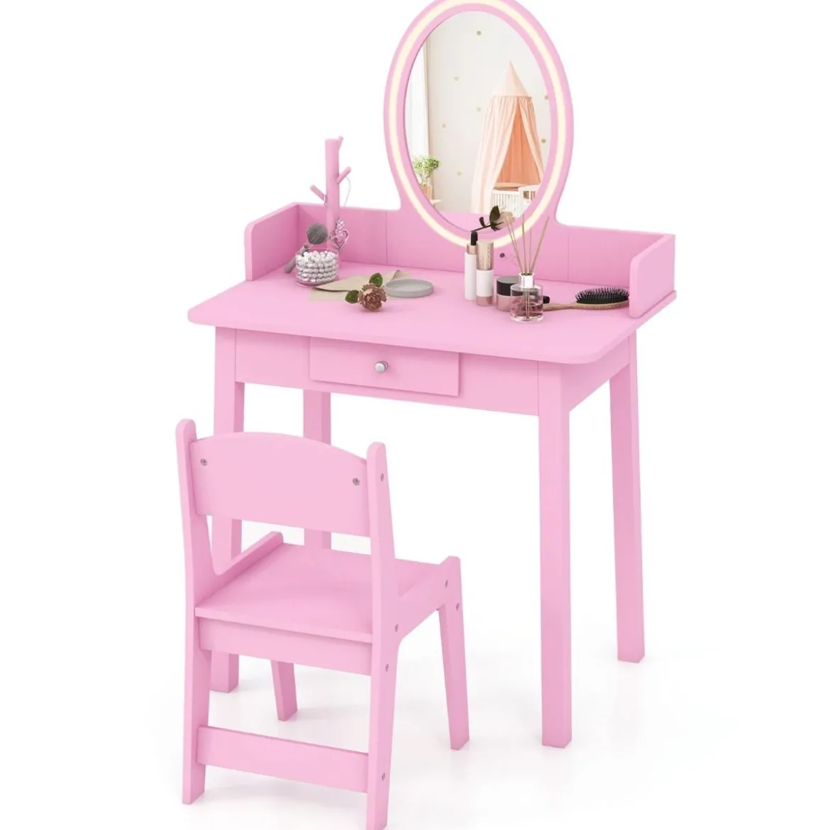 2 in 1 Kinder Schminktisch mit Hocker Frisiertisch mit Beleuchtung Rosa/Weiß