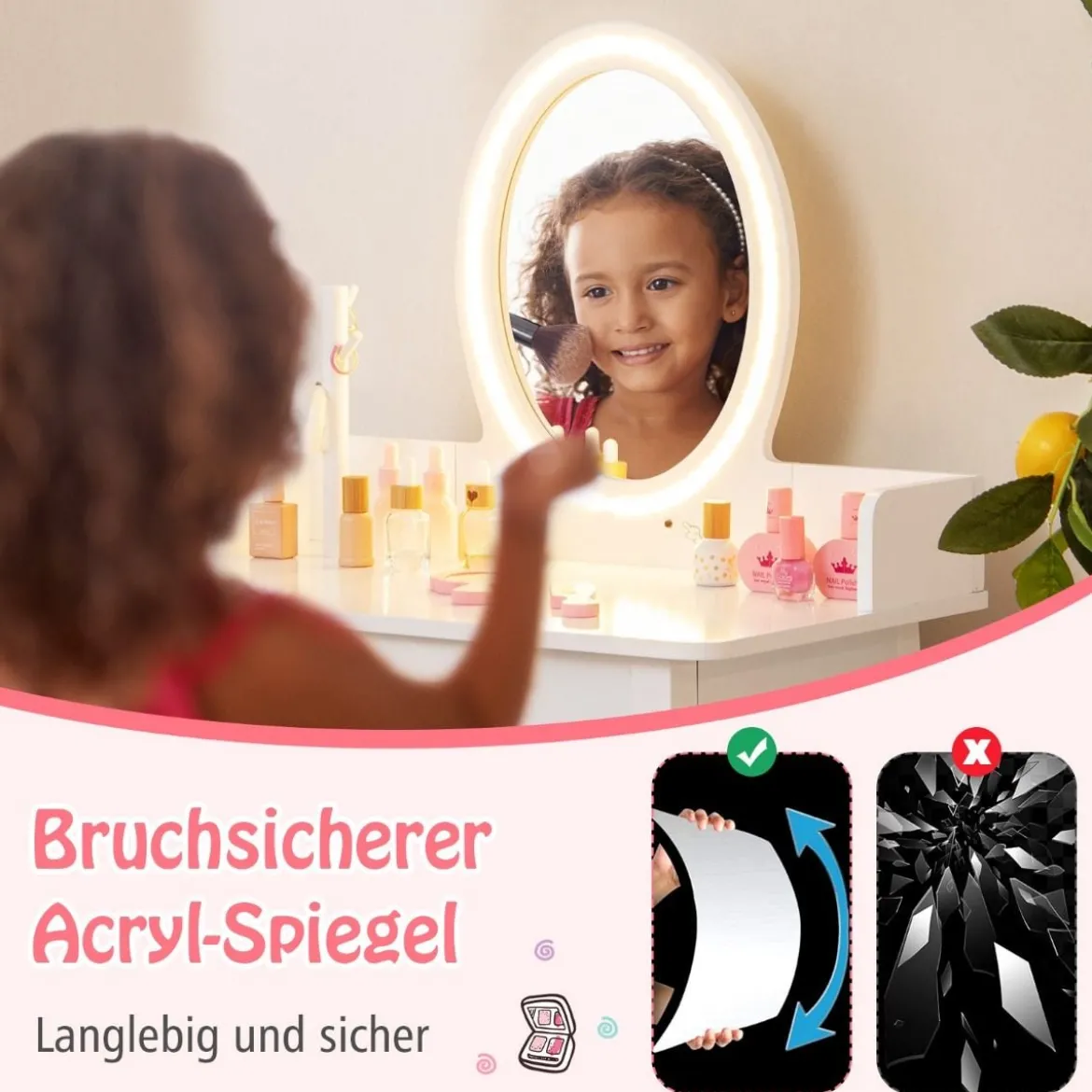 2 in 1 Kinder Schminktisch mit Hocker Frisiertisch mit Beleuchtung Rosa/Weiß