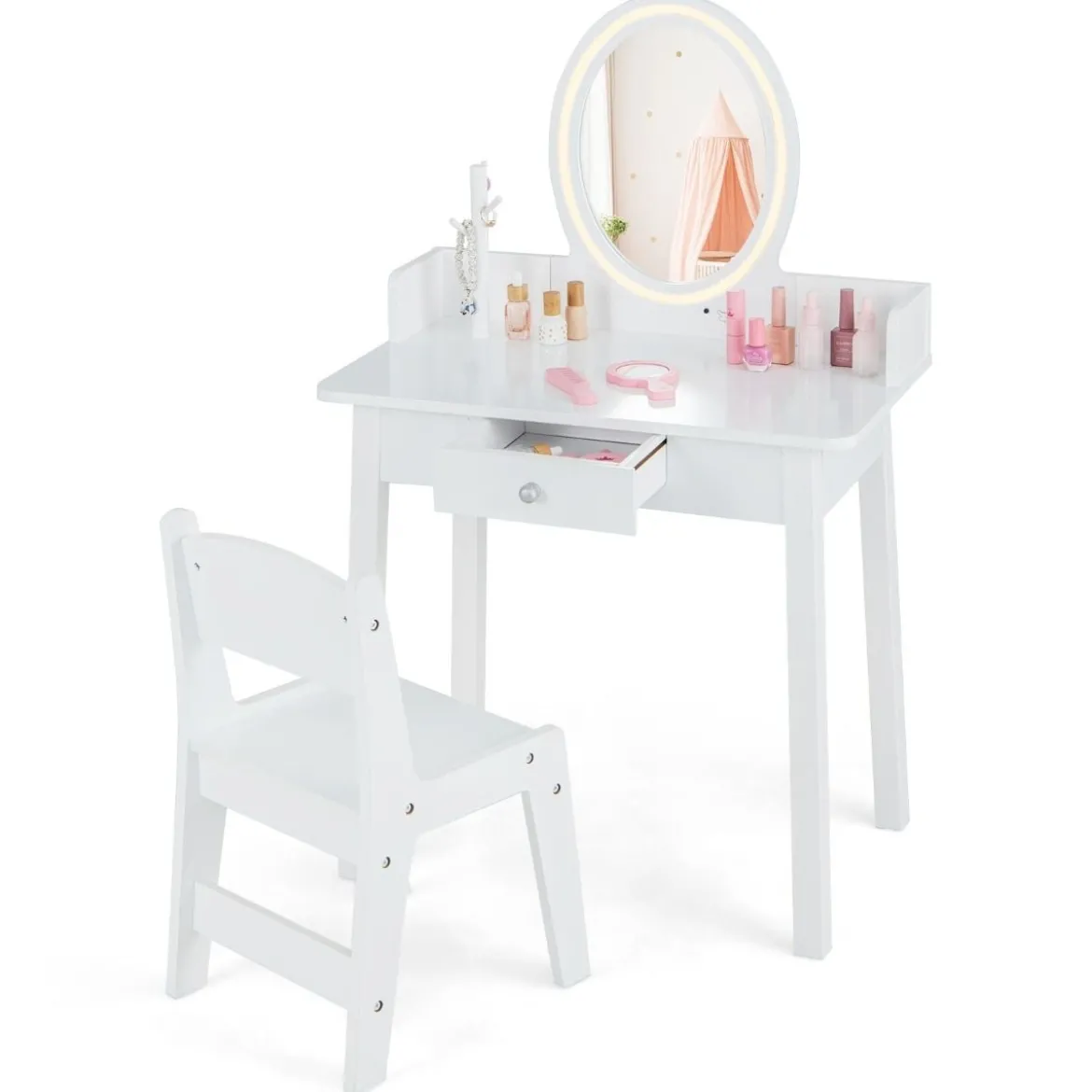 2 in 1 Kinder Schminktisch mit Hocker Frisiertisch mit Beleuchtung Rosa/Weiß