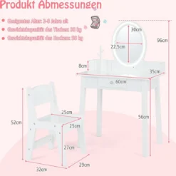 2 in 1 Kinder Schminktisch mit Hocker Frisiertisch mit Beleuchtung Rosa/Weiß