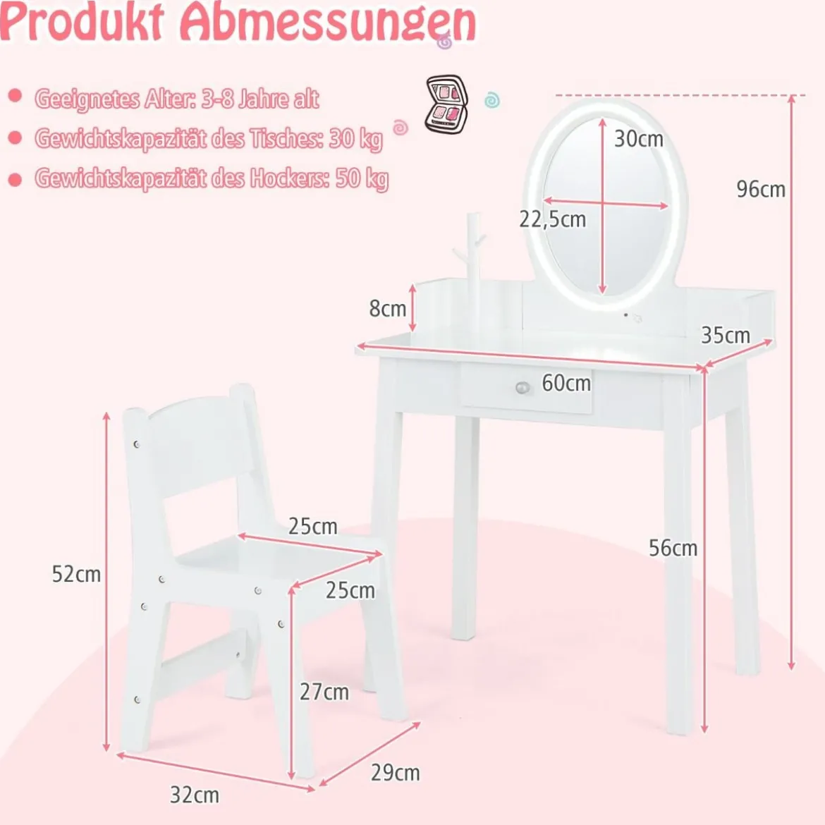 2 in 1 Kinder Schminktisch mit Hocker Frisiertisch mit Beleuchtung Rosa/Weiß