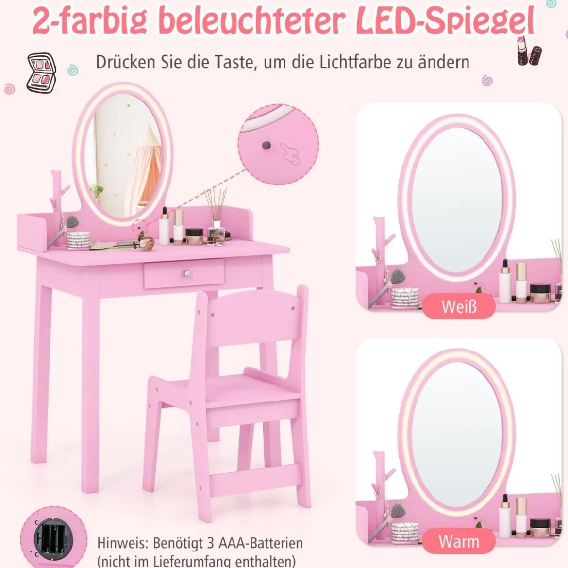 2 in 1 Kinder Schminktisch mit Hocker Frisiertisch mit Beleuchtung Rosa/Weiß