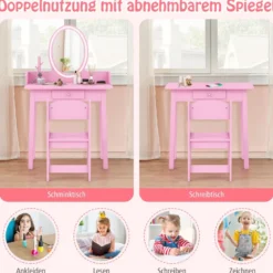 2 in 1 Kinder Schminktisch mit Hocker Frisiertisch mit Beleuchtung Rosa/Weiß