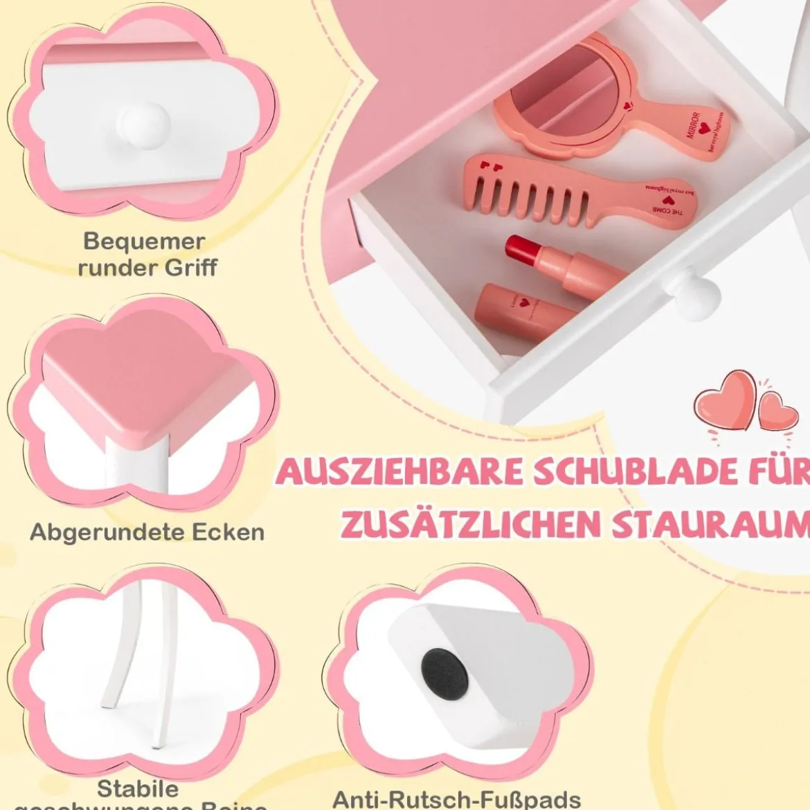 2 in 1 Kinder Schminktisch mit Hocker & 3-Fach Abnehmbarem Spiegel & Schublade Frisiertisch