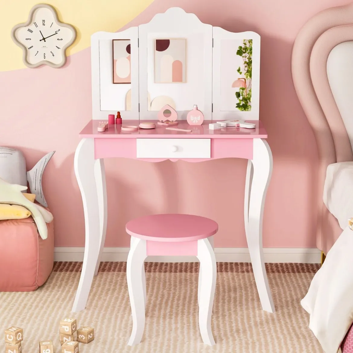 2 in 1 Kinder Schminktisch mit Hocker & 3-Fach Abnehmbarem Spiegel & Schublade Frisiertisch