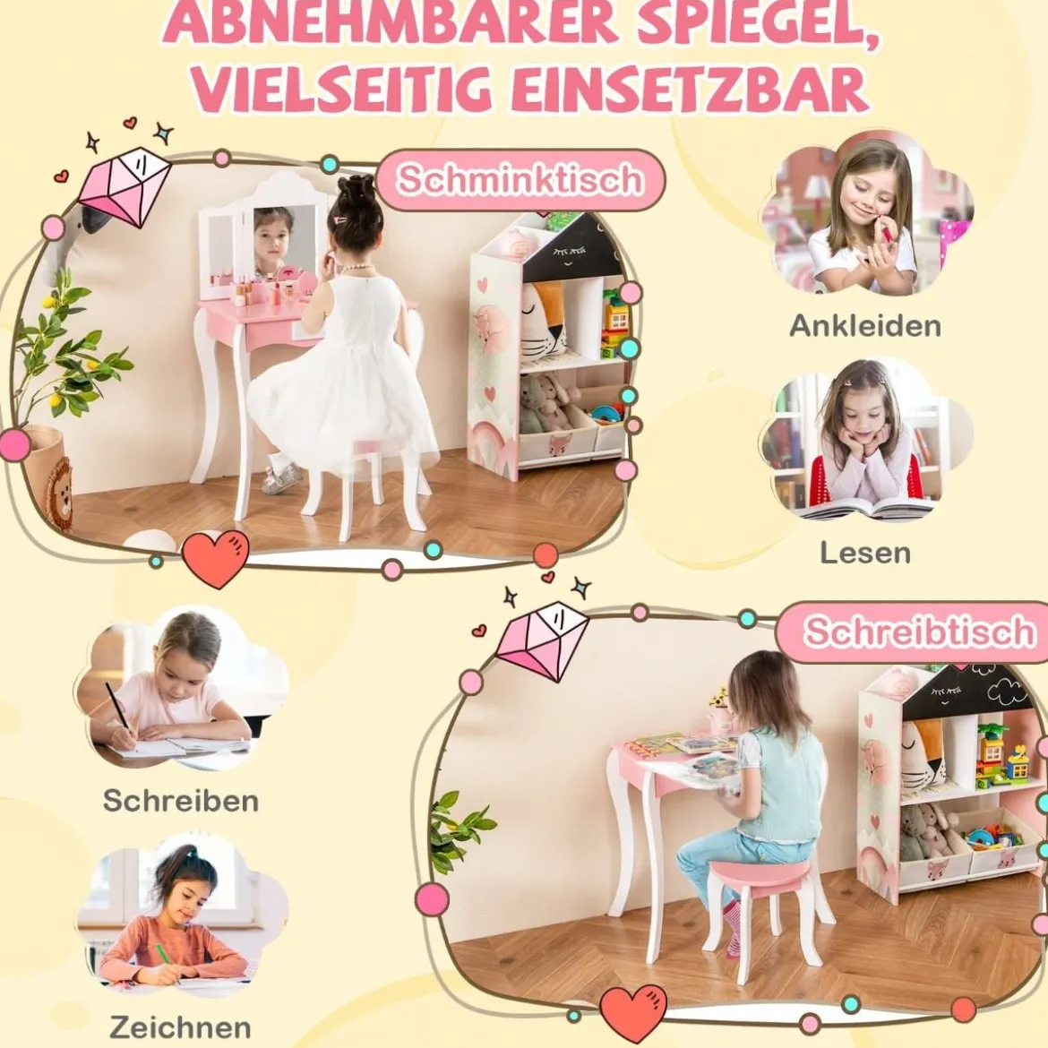 2 in 1 Kinder Schminktisch mit Hocker & 3-Fach Abnehmbarem Spiegel & Schublade Frisiertisch