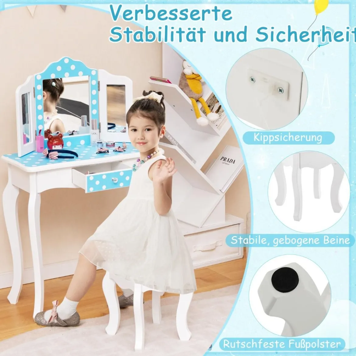 2 in 1 Kinder Schminktisch mit Hocker & Dreifach Klappbarem Spiegel & Schublade Punkt Blau