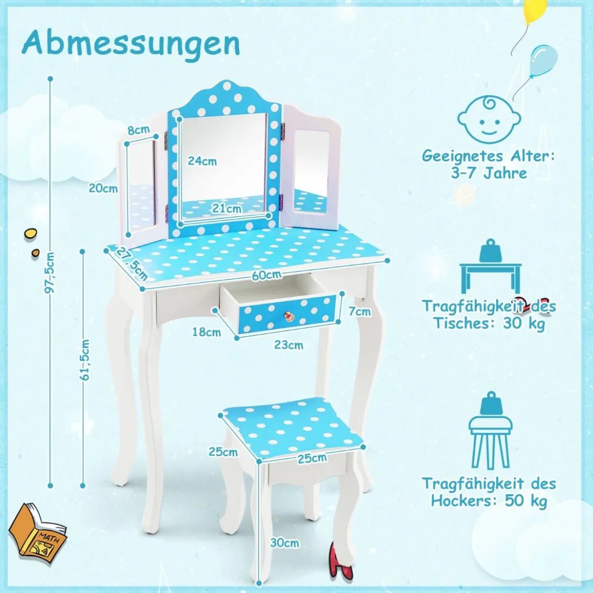 2 in 1 Kinder Schminktisch mit Hocker & Dreifach Klappbarem Spiegel & Schublade Punkt Blau