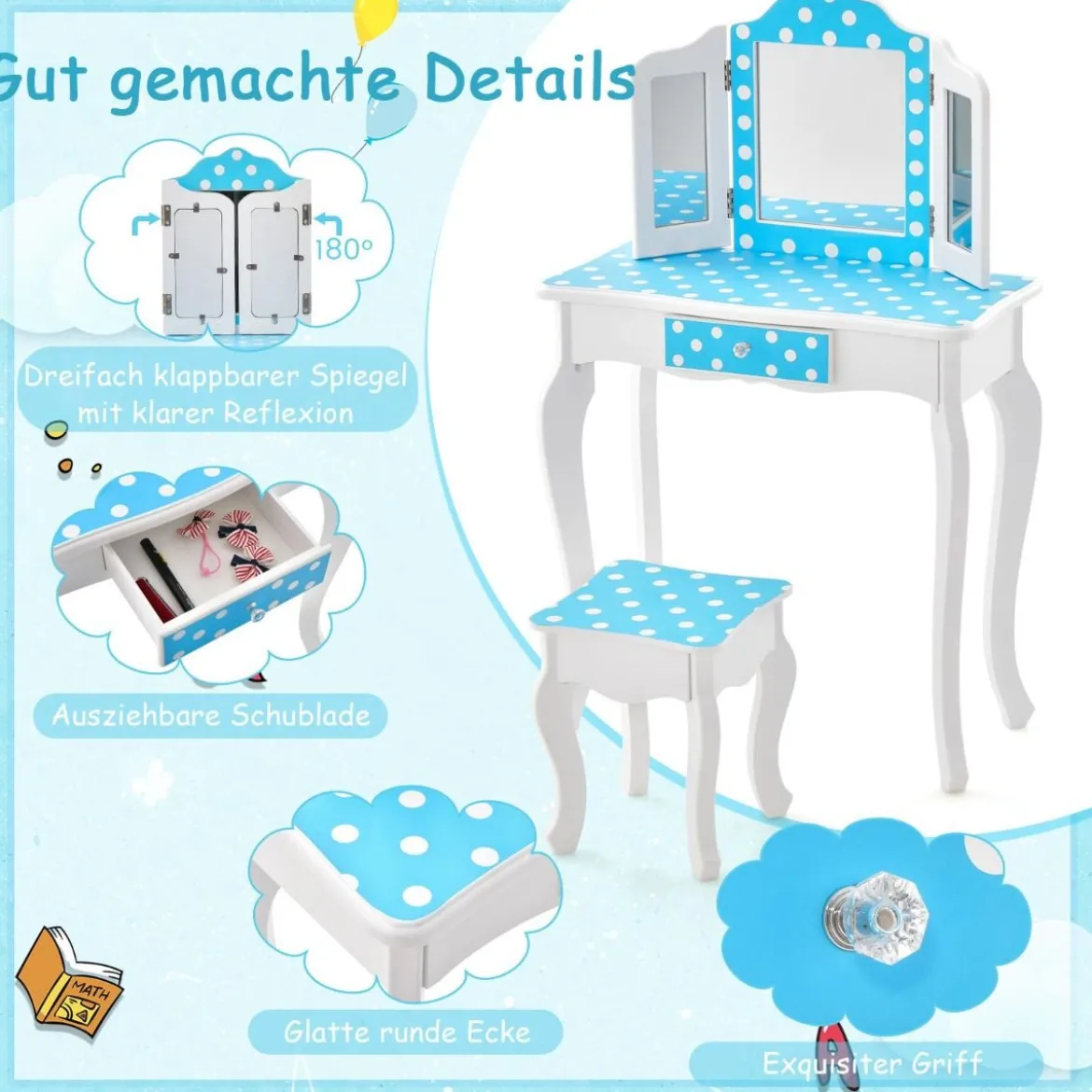 2 in 1 Kinder Schminktisch mit Hocker & Dreifach Klappbarem Spiegel & Schublade Punkt Blau