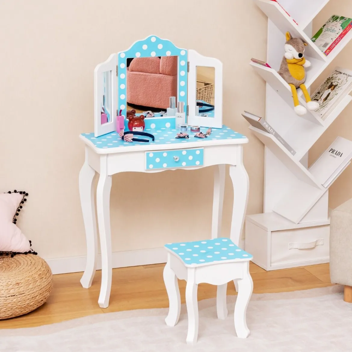2 in 1 Kinder Schminktisch mit Hocker & Dreifach Klappbarem Spiegel & Schublade Punkt Blau