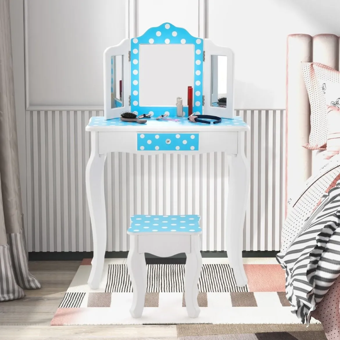 2 in 1 Kinder Schminktisch mit Hocker & Dreifach Klappbarem Spiegel & Schublade Punkt Blau