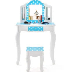 2 in 1 Kinder Schminktisch mit Hocker & Dreifach Klappbarem Spiegel & Schublade Punkt Blau