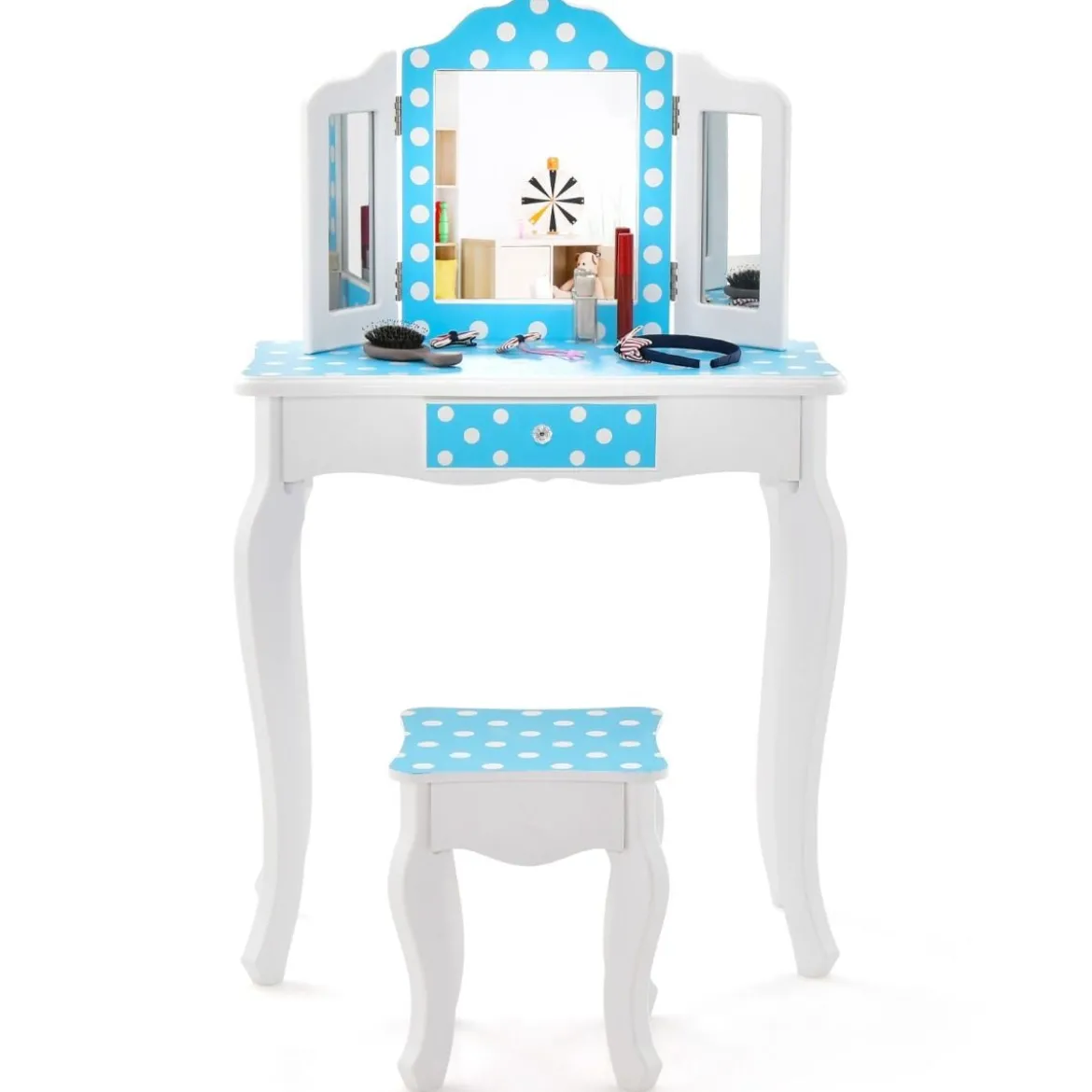 2 in 1 Kinder Schminktisch mit Hocker & Dreifach Klappbarem Spiegel & Schublade Punkt Blau