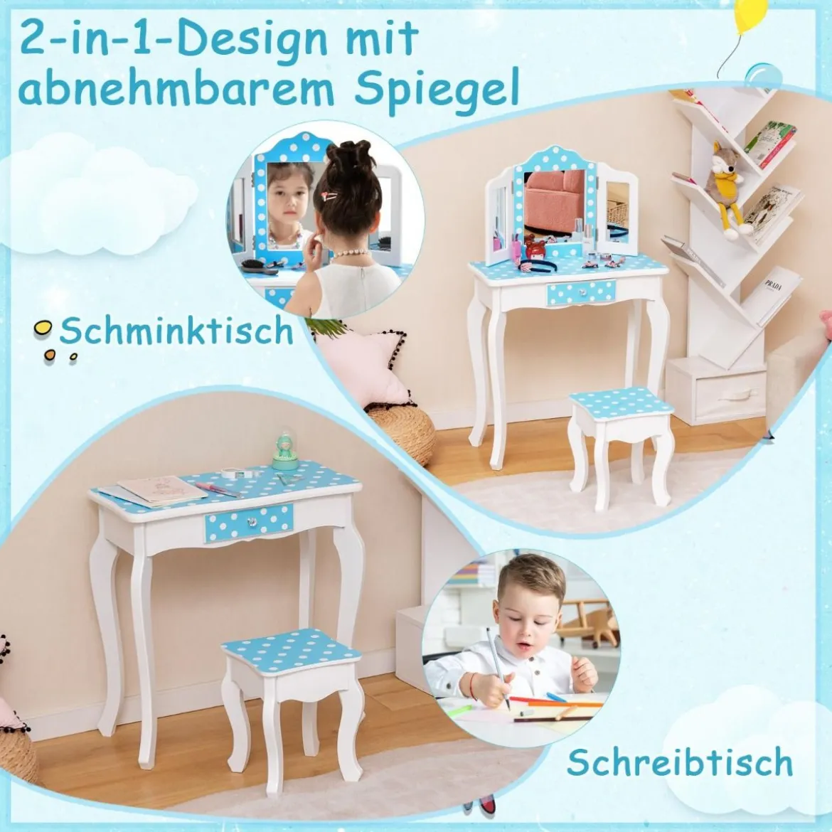 2 in 1 Kinder Schminktisch mit Hocker & Dreifach Klappbarem Spiegel & Schublade Punkt Blau