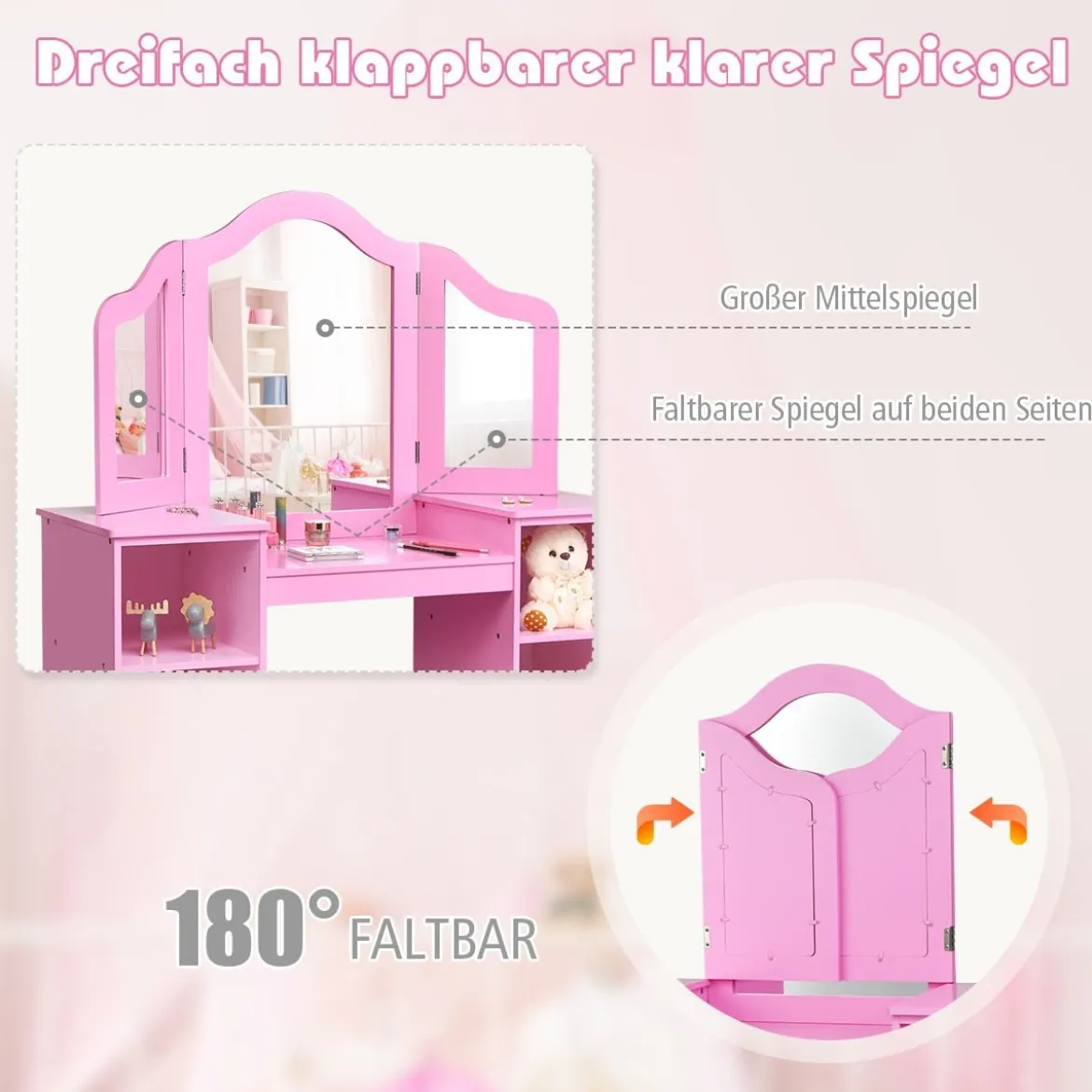 2 in 1 Kinder Schminktisch Schreibtisch mit spiegel 107 × 40 × 117 cm