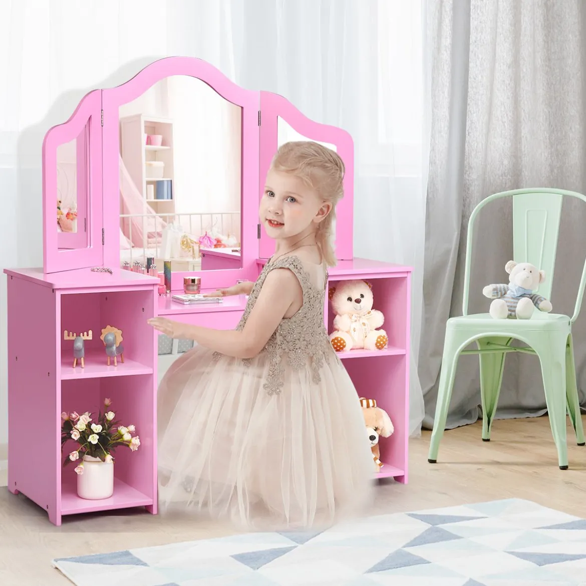 2 in 1 Kinder Schminktisch Schreibtisch mit spiegel 107 × 40 × 117 cm
