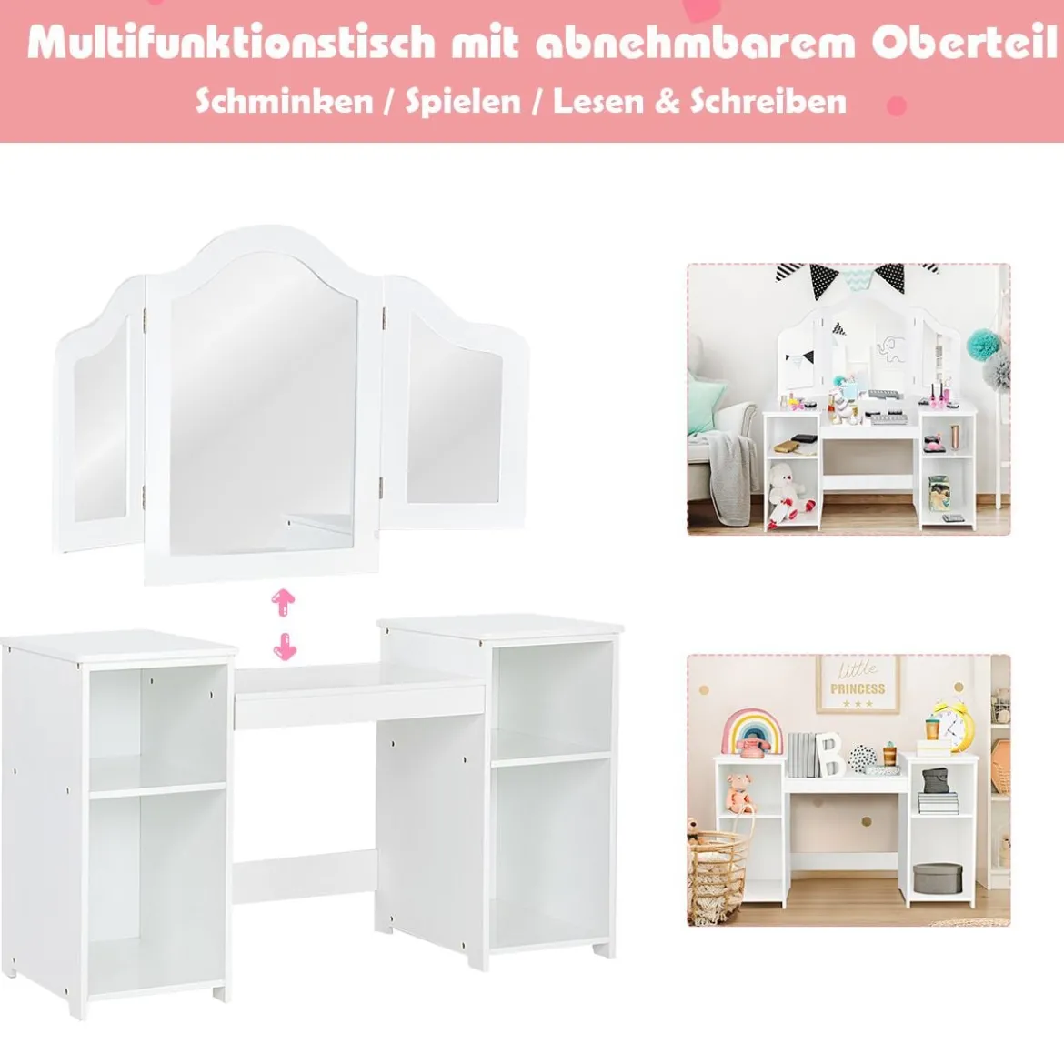 2 in 1 Kinder Schminktisch Schreibtisch mit spiegel 107 × 40 × 117 cm