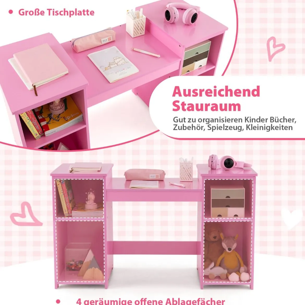 2 in 1 Kinder Schminktisch Schreibtisch mit Abnehmbarem Spiegel & Offenen Fächern Rosa