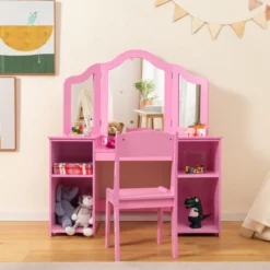 2 in 1 Kinder Schminktisch Schreibtisch mit Abnehmbarem Spiegel & Offenen Fächern Rosa