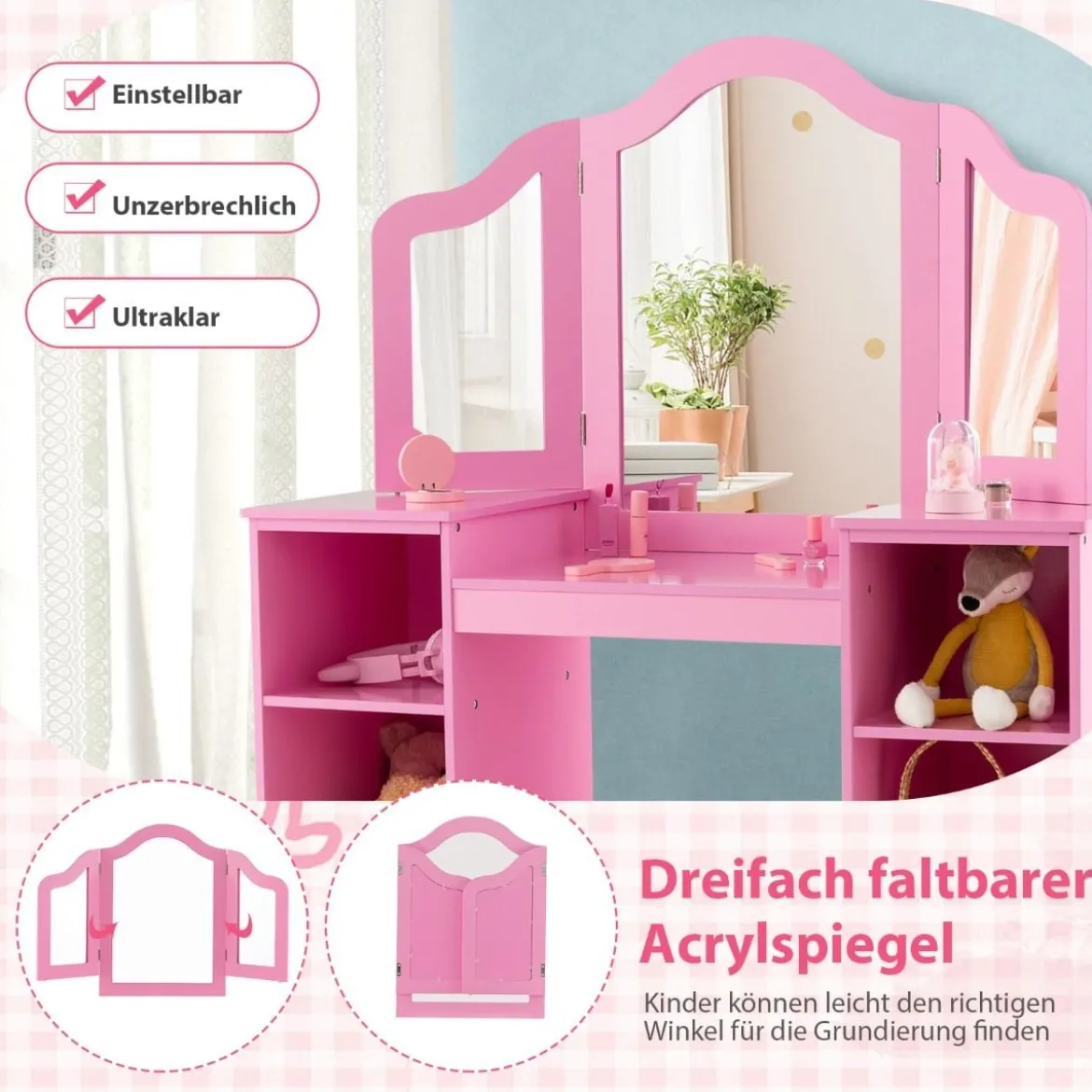 2 in 1 Kinder Schminktisch Schreibtisch mit Abnehmbarem Spiegel & Offenen Fächern Rosa