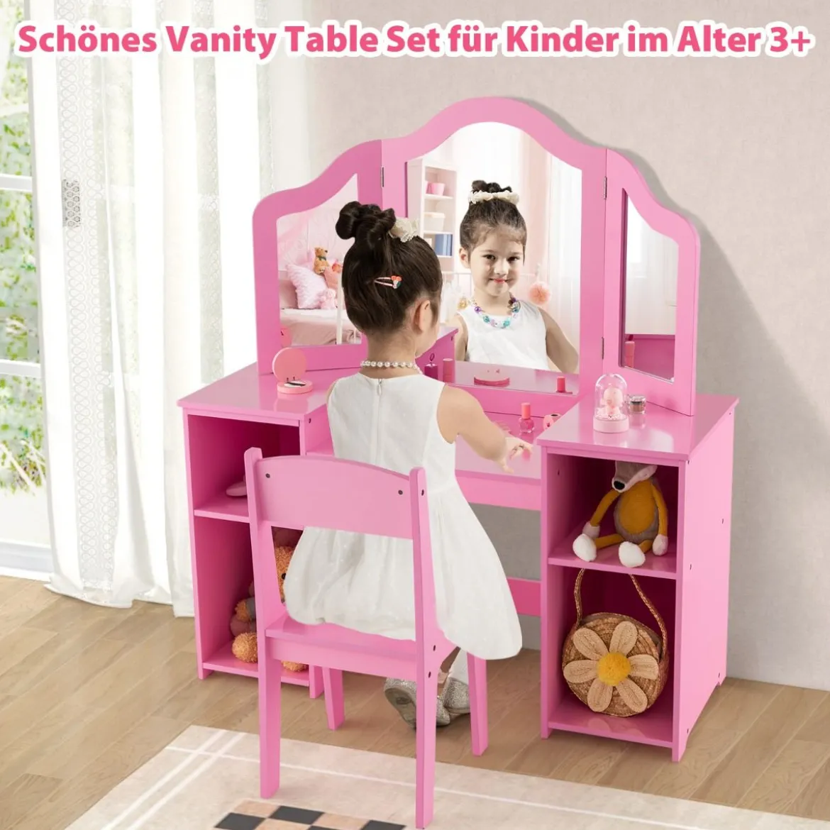 2 in 1 Kinder Schminktisch Schreibtisch mit Abnehmbarem Spiegel & Offenen Fächern Rosa