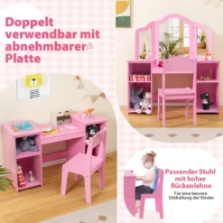 2 in 1 Kinder Schminktisch Schreibtisch mit Abnehmbarem Spiegel & Offenen Fächern Rosa