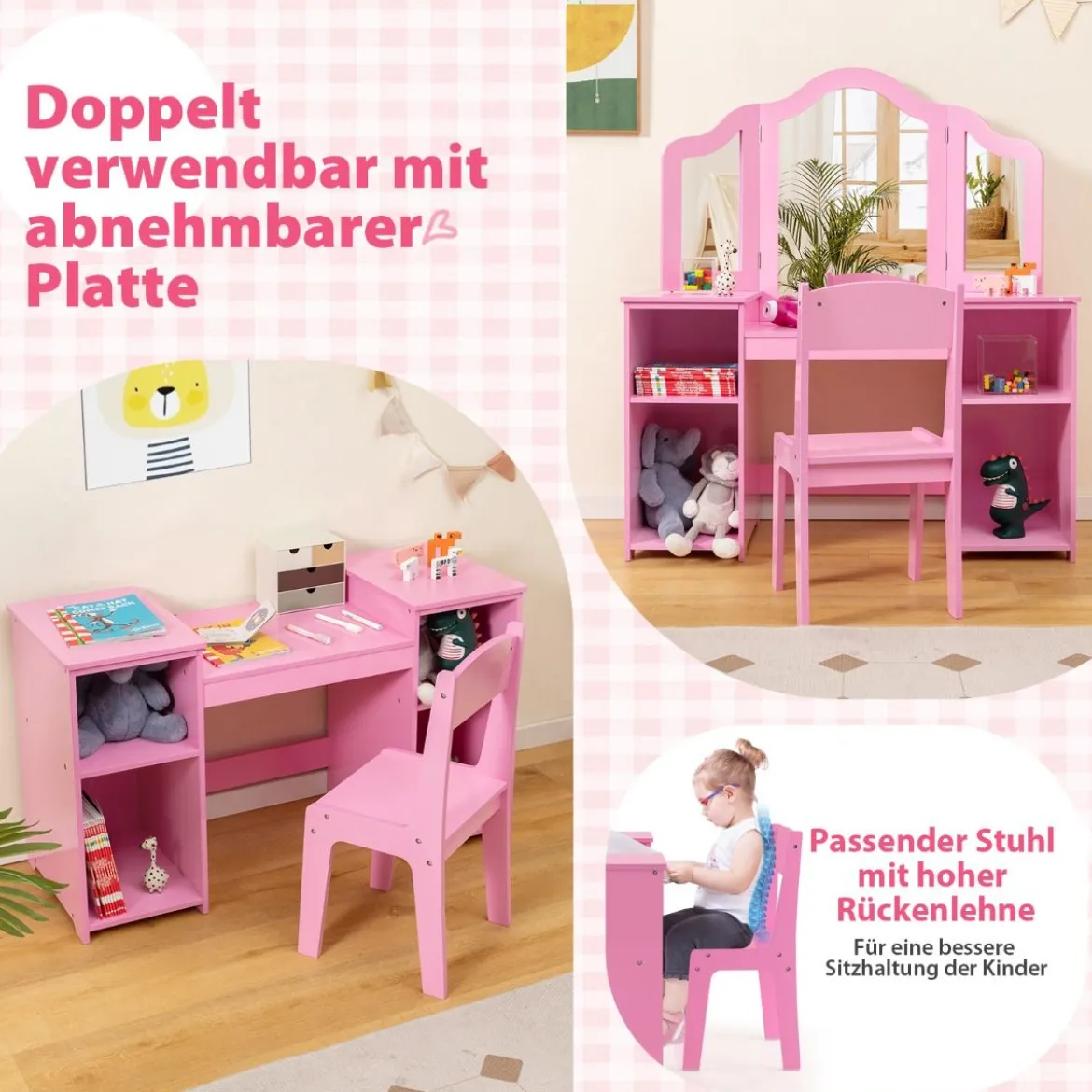 2 in 1 Kinder Schminktisch Schreibtisch mit Abnehmbarem Spiegel & Offenen Fächern Rosa