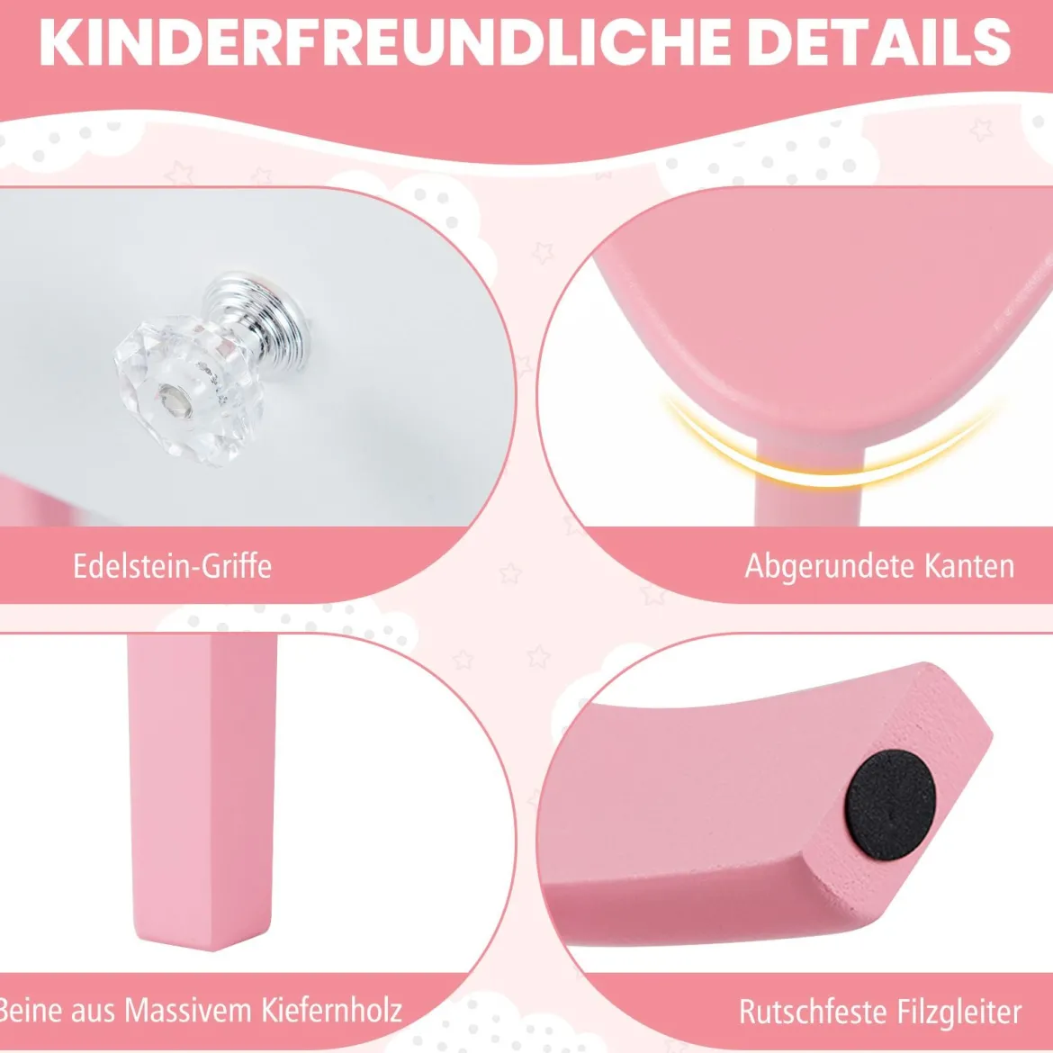 2 in 1 Kinder Schminktisch Set mit Abnehmbarem Spiegel & 3 Lichtfarben Makeup-Tisch Rosa
