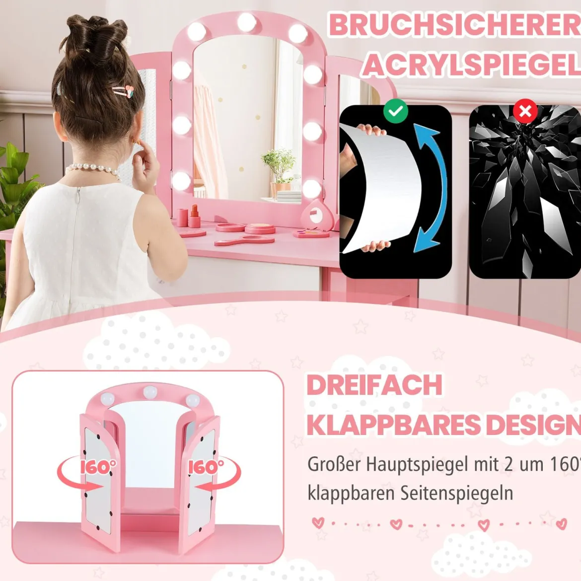 2 in 1 Kinder Schminktisch Set mit Abnehmbarem Spiegel & 3 Lichtfarben Makeup-Tisch Rosa