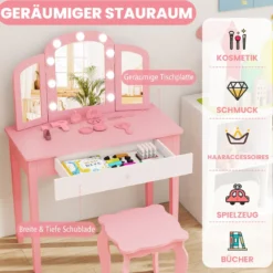 2 in 1 Kinder Schminktisch Set mit Abnehmbarem Spiegel & 3 Lichtfarben Makeup-Tisch Rosa