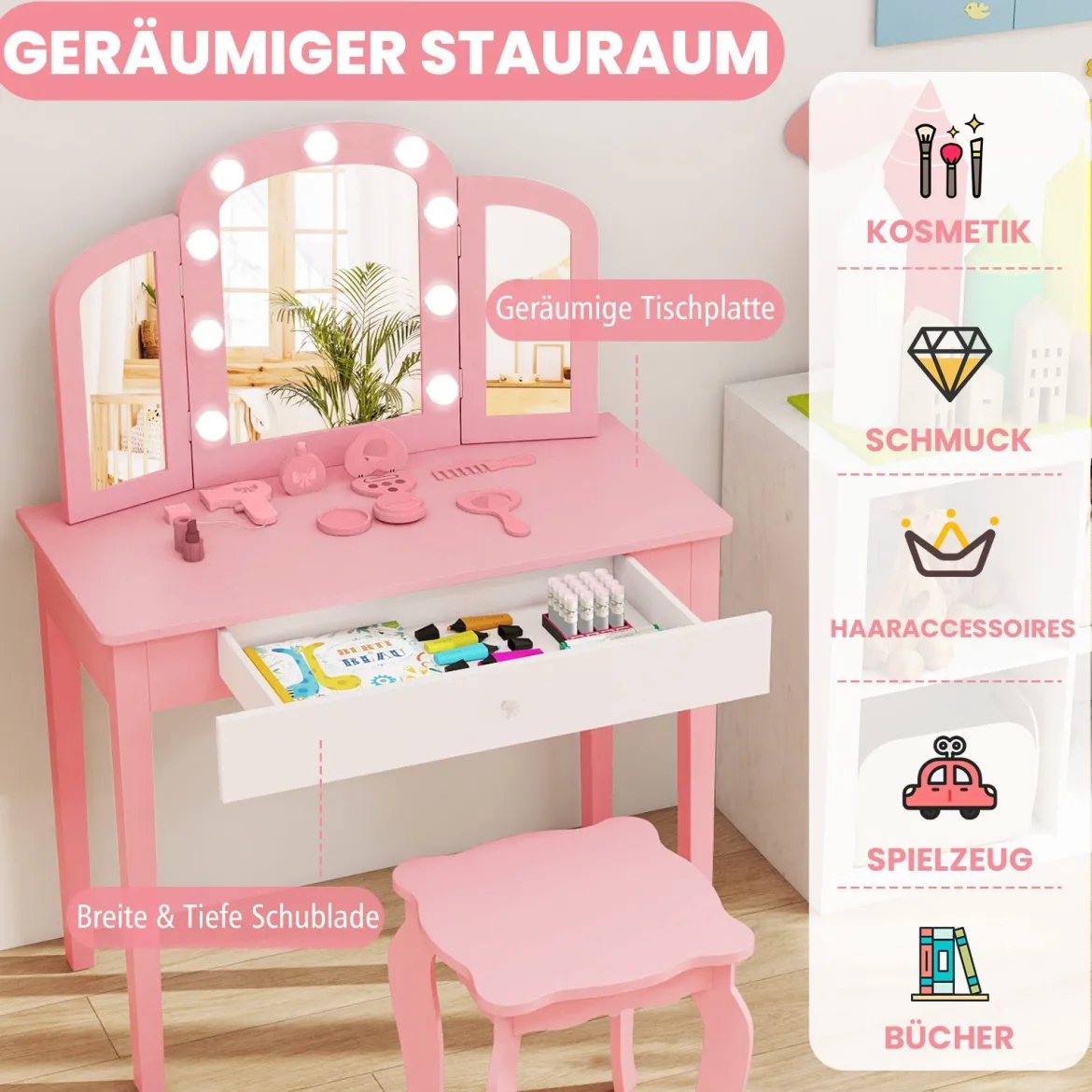 2 in 1 Kinder Schminktisch Set mit Abnehmbarem Spiegel & 3 Lichtfarben Makeup-Tisch Rosa