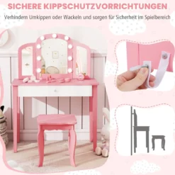 2 in 1 Kinder Schminktisch Set mit Abnehmbarem Spiegel & 3 Lichtfarben Makeup-Tisch Rosa