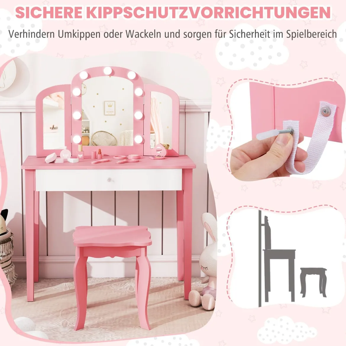 2 in 1 Kinder Schminktisch Set mit Abnehmbarem Spiegel & 3 Lichtfarben Makeup-Tisch Rosa