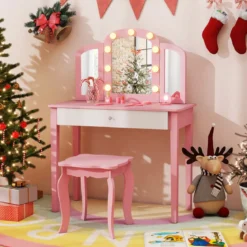 2 in 1 Kinder Schminktisch Set mit Abnehmbarem Spiegel & 3 Lichtfarben Makeup-Tisch Rosa