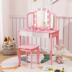 2 in 1 Kinder Schminktisch Set mit Abnehmbarem Spiegel & 3 Lichtfarben Makeup-Tisch Rosa