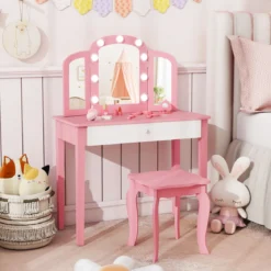 2 in 1 Kinder Schminktisch Set mit Abnehmbarem Spiegel & 3 Lichtfarben Makeup-Tisch Rosa