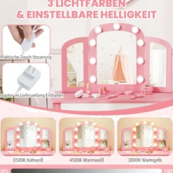 2 in 1 Kinder Schminktisch Set mit Abnehmbarem Spiegel & 3 Lichtfarben Makeup-Tisch Rosa