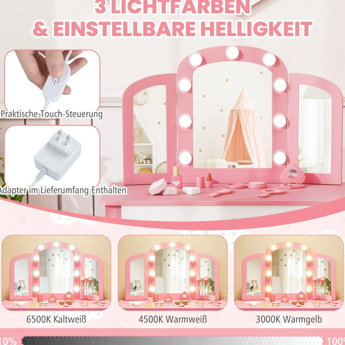 2 in 1 Kinder Schminktisch Set mit Abnehmbarem Spiegel & 3 Lichtfarben Makeup-Tisch Rosa