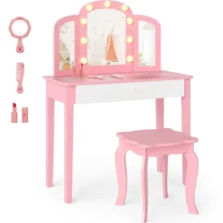 2 in 1 Kinder Schminktisch Set mit Abnehmbarem Spiegel & 3 Lichtfarben Makeup-Tisch Rosa