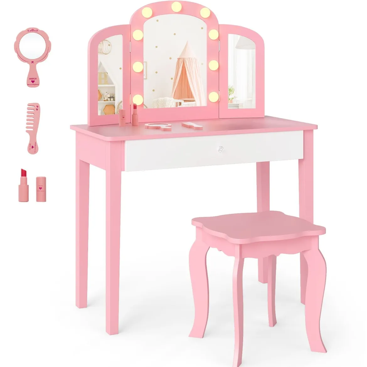 2 in 1 Kinder Schminktisch Set mit Abnehmbarem Spiegel & 3 Lichtfarben Makeup-Tisch Rosa