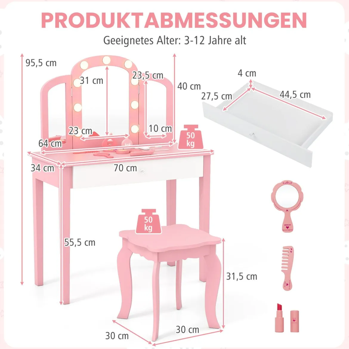 2 in 1 Kinder Schminktisch Set mit Abnehmbarem Spiegel & 3 Lichtfarben Makeup-Tisch Rosa