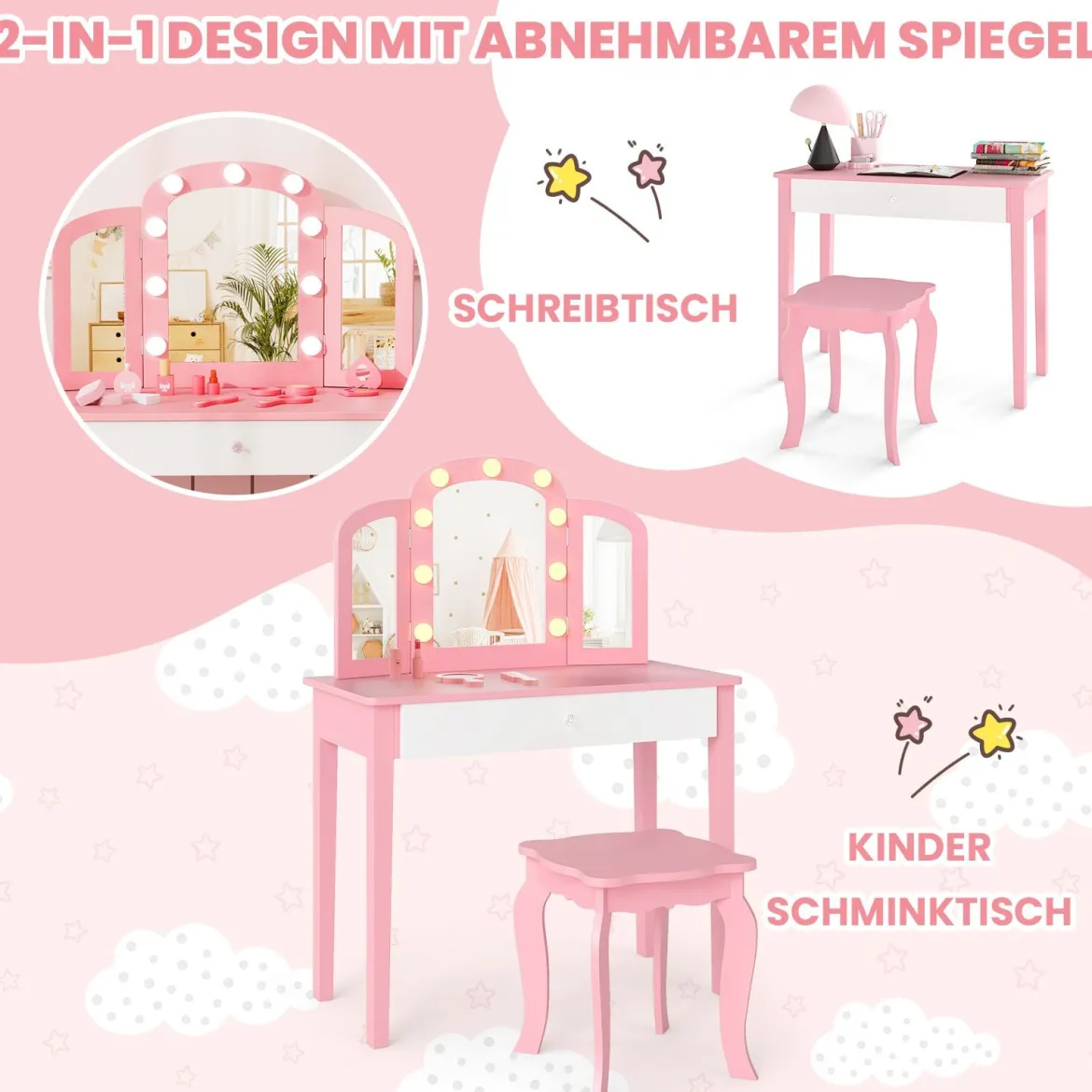 2 in 1 Kinder Schminktisch Set mit Abnehmbarem Spiegel & 3 Lichtfarben Makeup-Tisch Rosa