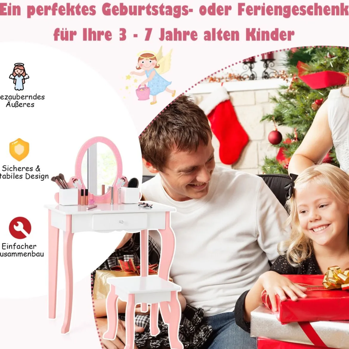 2-in-1-Kinder-Schminktisch-Set mit Spiegel Make-Up-Tisch 62 x 32 x 93 cm Rosa + Weiß