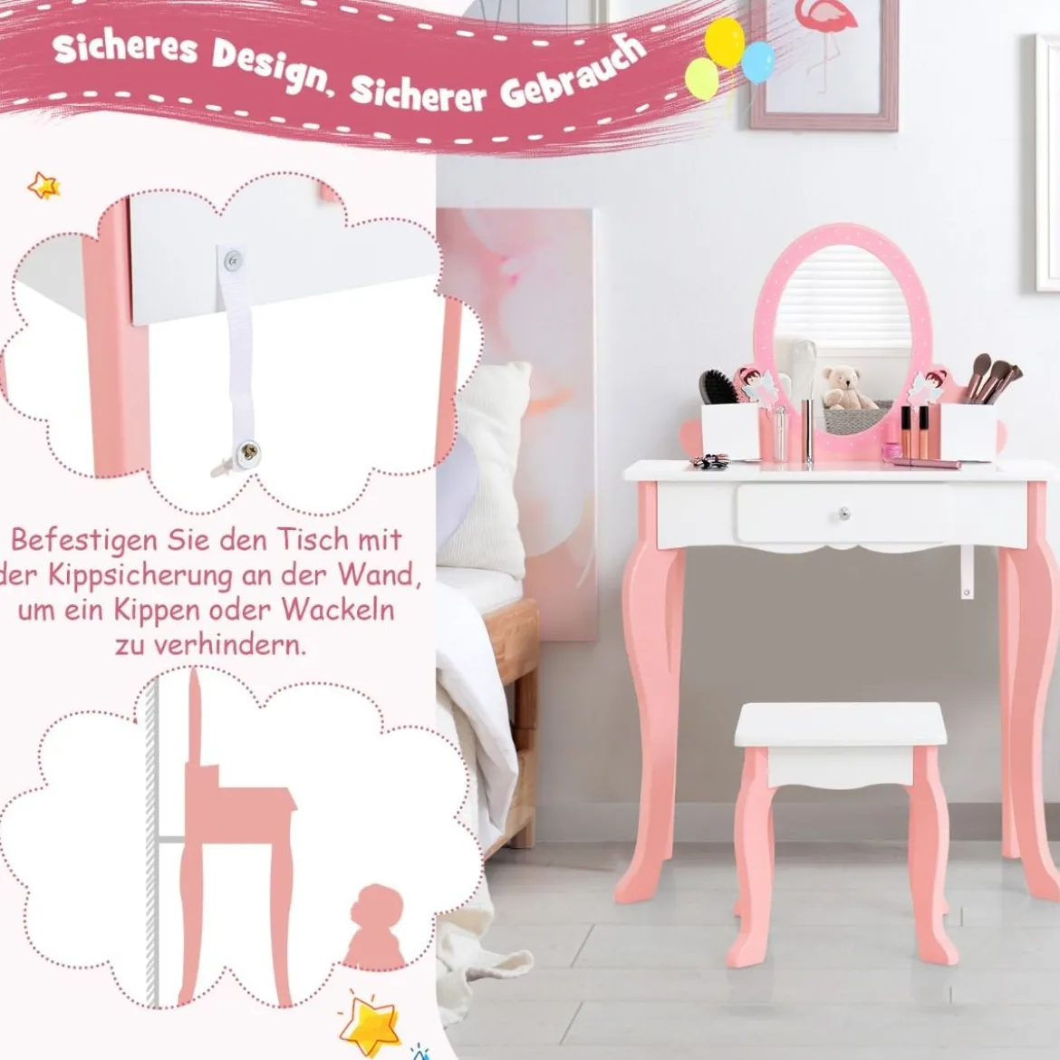 2-in-1-Kinder-Schminktisch-Set mit Spiegel Make-Up-Tisch 62 x 32 x 93 cm Rosa + Weiß