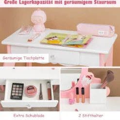 2-in-1-Kinder-Schminktisch-Set mit Spiegel Make-Up-Tisch 62 x 32 x 93 cm Rosa + Weiß