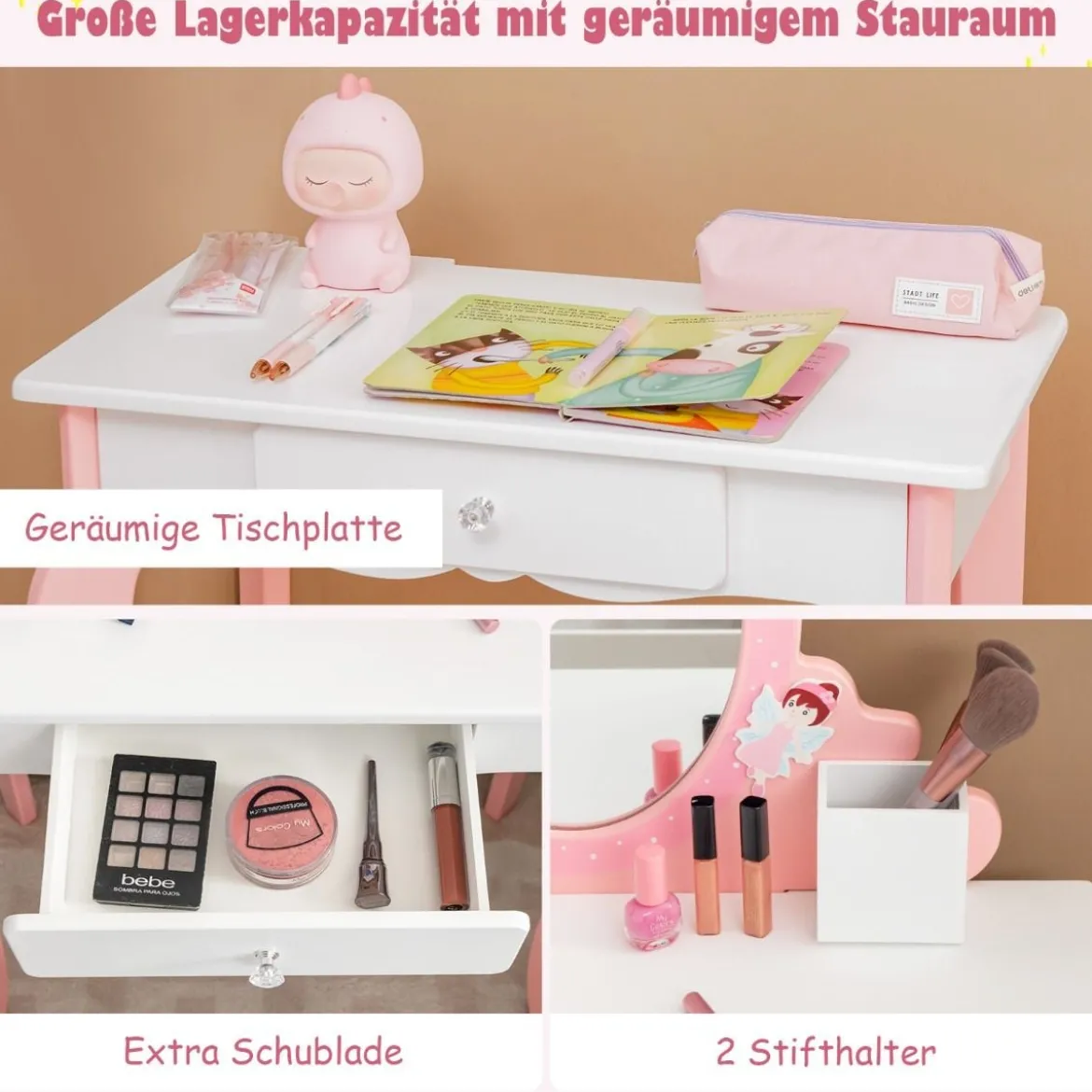 2-in-1-Kinder-Schminktisch-Set mit Spiegel Make-Up-Tisch 62 x 32 x 93 cm Rosa + Weiß